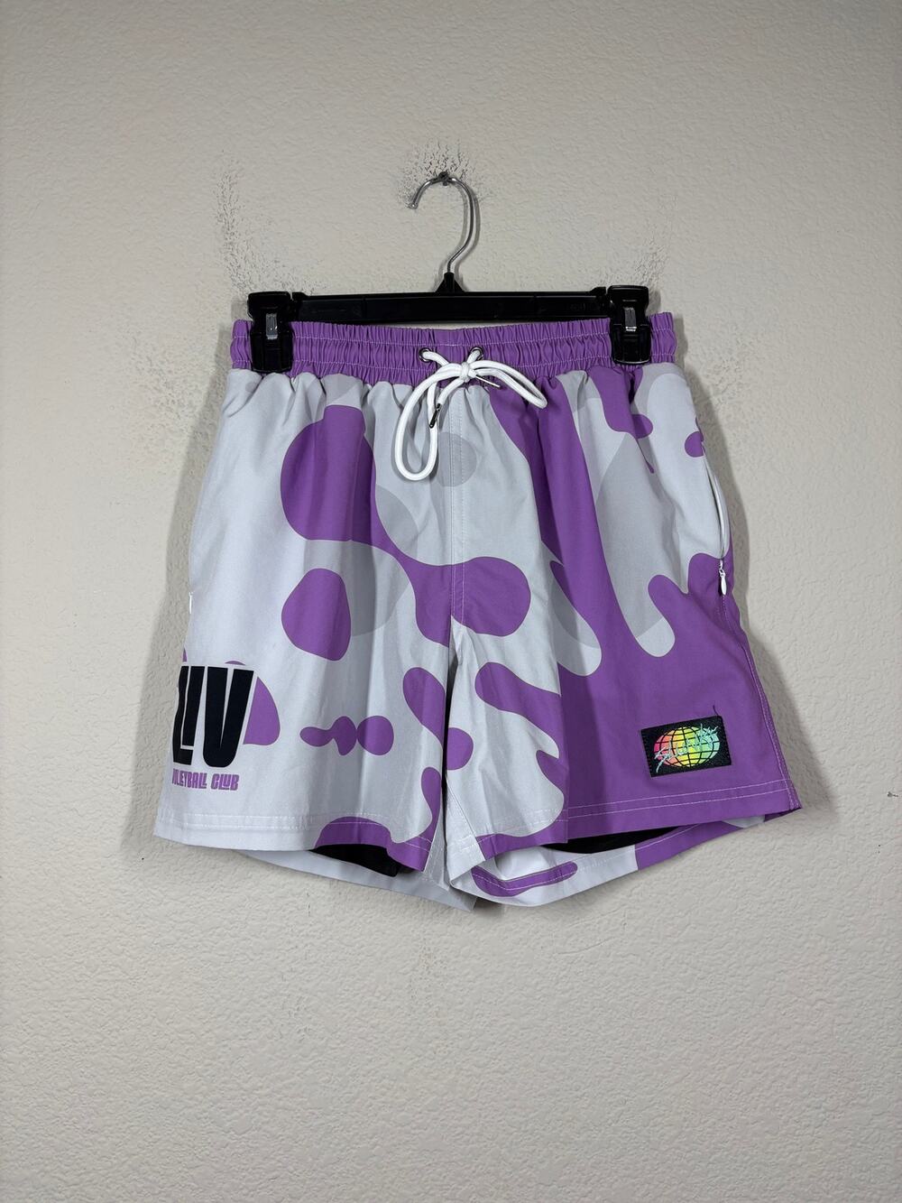 Slunks Mens Size Small Volleyball Trunks Purple White Drawstring Waist Abstract